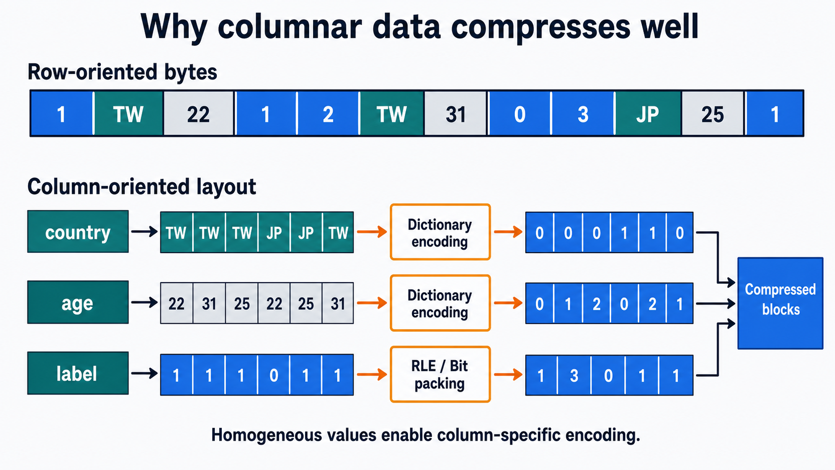row-oriented bytes 交錯不同資料型別；column-oriented layout 將 country、age、label 分開，方便使用 dictionary encoding、RLE 與 bit packing。